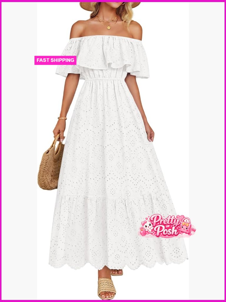 Off Shoulder Ruffle Midi Dress With Short Sleeves High Waist Eyelet Embroidery